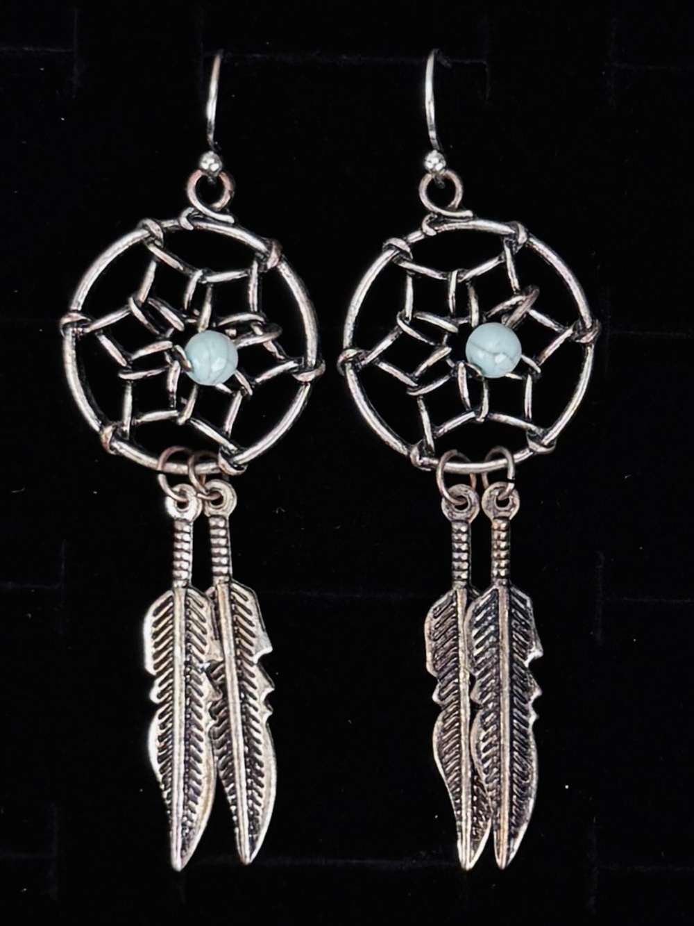 Vintage Dreamcatcher Aged Silvertone blue Leaf Charm Dangle Pierced Earrings